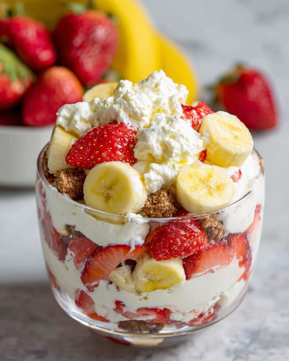 Close-up of a layered Summer Strawberry Banana Dessert in a glass with whipped cream and graham cracker pieces.