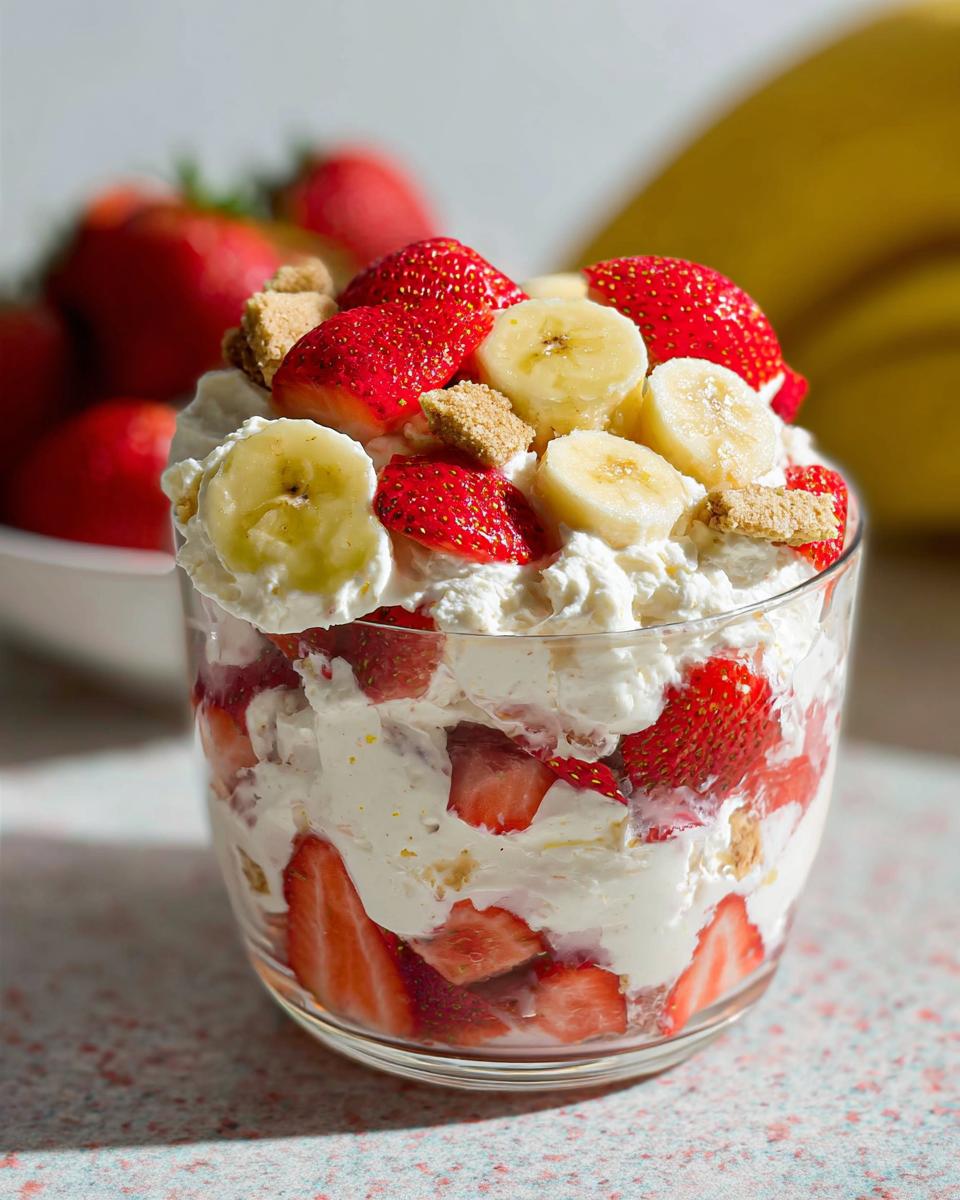 Close-up of a Summer Strawberry Banana Dessert parfait layered with whipped cream, fresh strawberries, and banana slices.