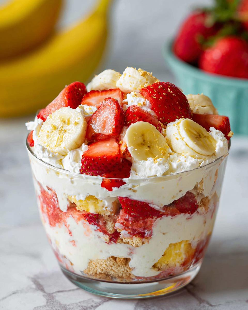 Close-up of a layered Summer Strawberry Banana Dessert parfait in a glass with whipped cream and fruit topping.