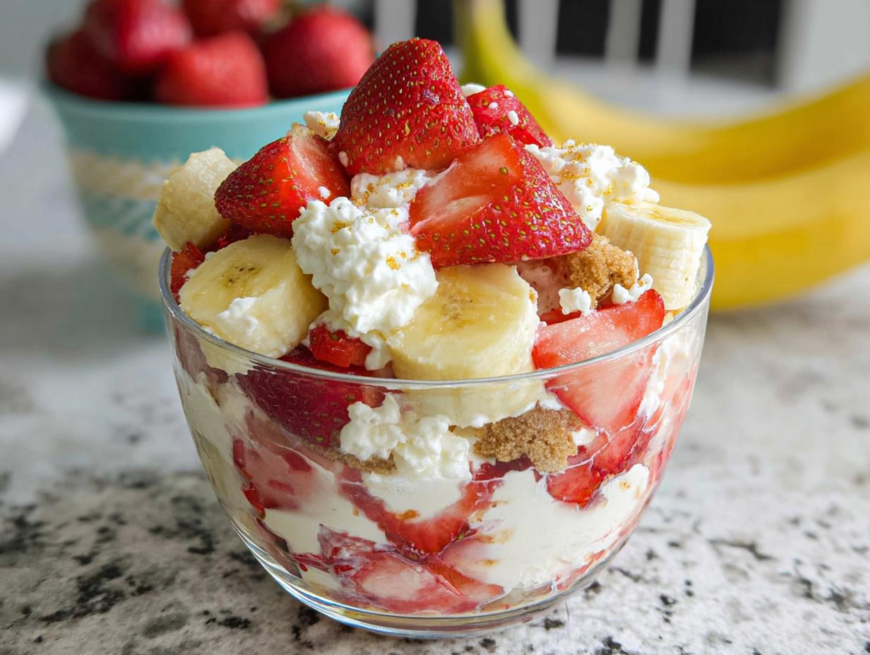 A layered Summer Strawberry Banana Dessert in a glass cup with whipped cream and graham crumbs.
