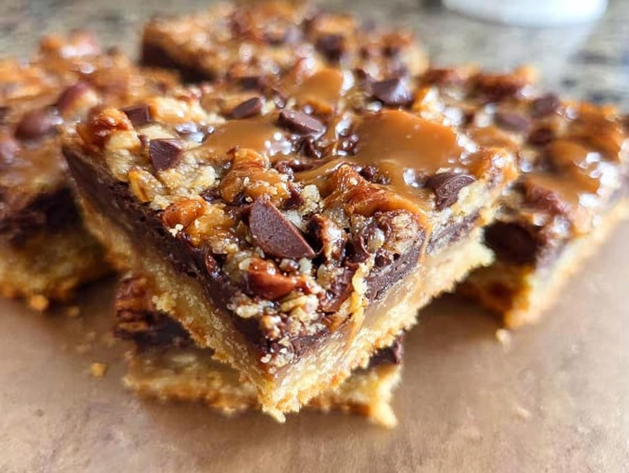 A close-up, stacked view of rich Toffee Magic Cookie Bars featuring a shortbread crust, chocolate, nuts, and gooey caramel topping.