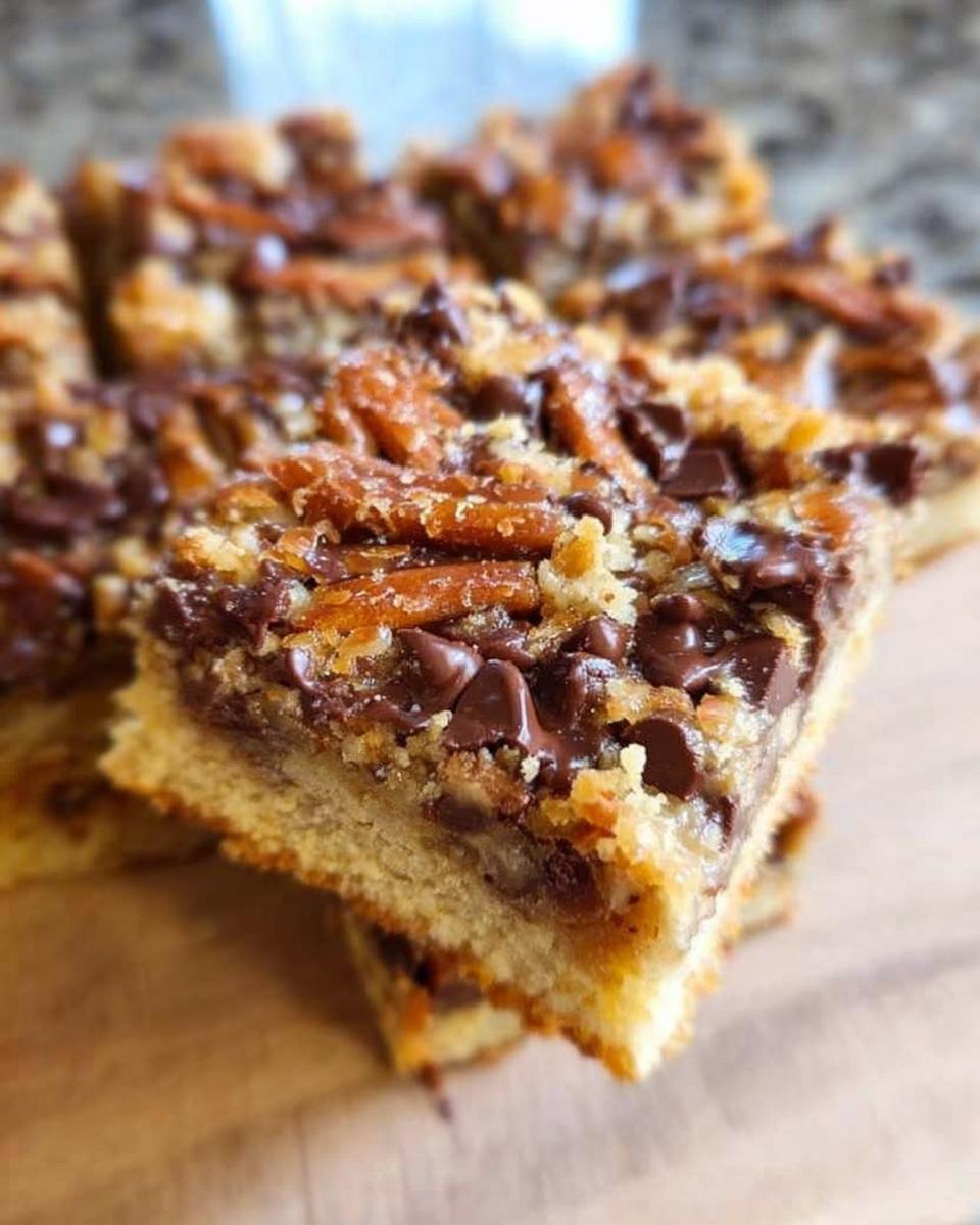 A close-up of a square slice of Toffee Magic Cookie Bars showing the thick, buttery base and gooey topping of chocolate chips and toffee.