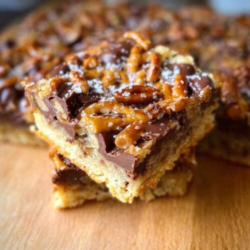 A stack of rich Toffee Magic Cookie Bars featuring a thick chocolate layer, pretzels, pecans, and sea salt.