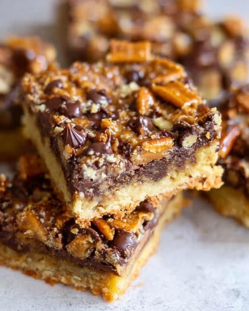 Two stacked squares of rich Toffee Magic Cookie Bars showing a thick shortbread base and a gooey topping with chocolate chips and pretzel pieces.