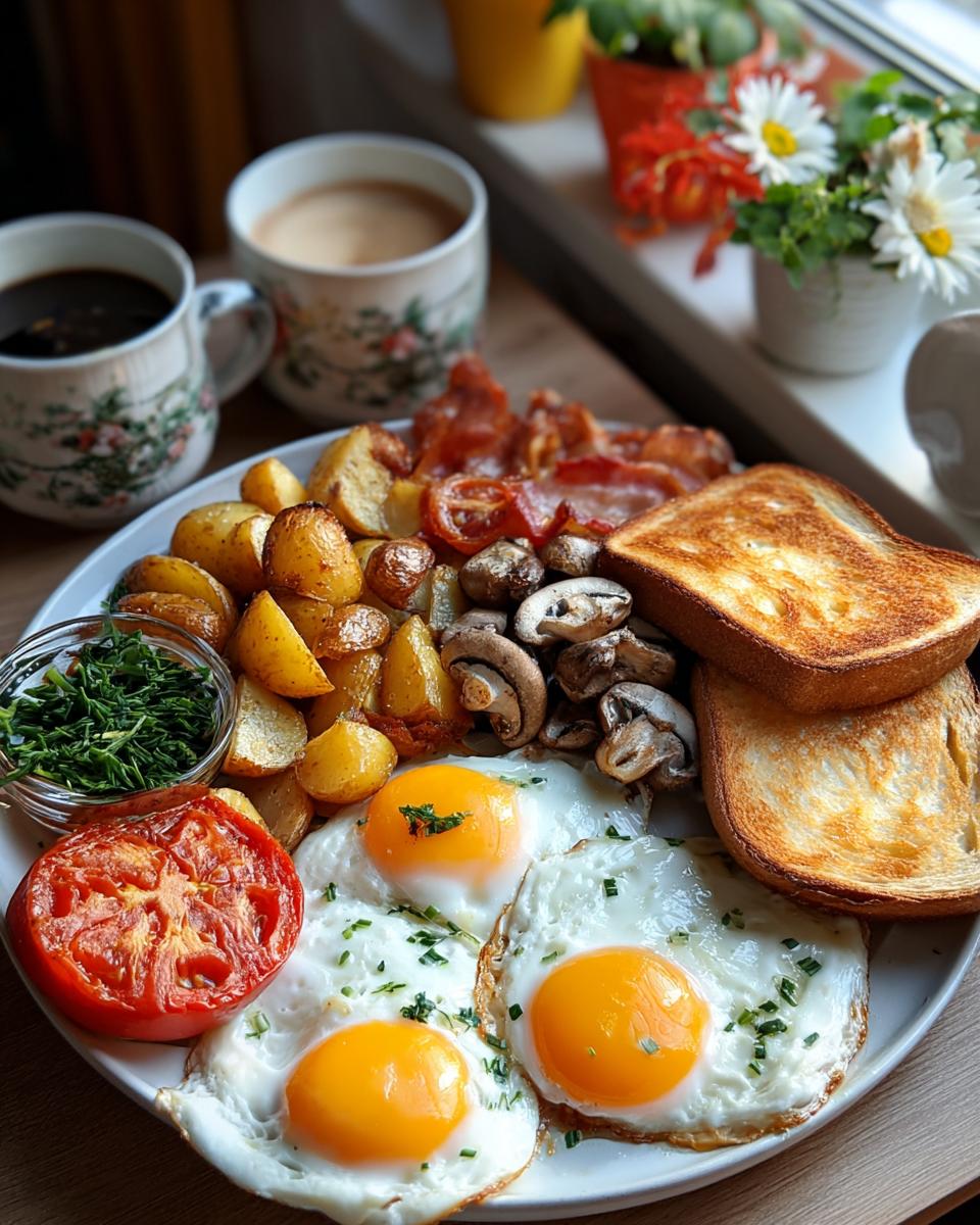 A hearty plate featuring fried eggs, roasted potatoes, bacon, mushrooms, and toast, perfect for a Traditional Breakfast for the Weekend.