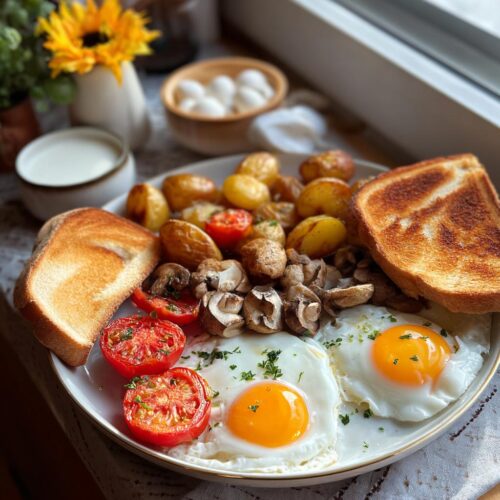 A plate featuring two sunny-side-up eggs, roasted potatoes, mushrooms, grilled tomatoes, and toast, perfect for a Traditional Breakfast for the Weekend.
