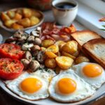 A hearty plate featuring fried eggs, roasted potatoes, grilled tomatoes, mushrooms, bacon, and toast—perfect Traditional Breakfast for the Weekend.
