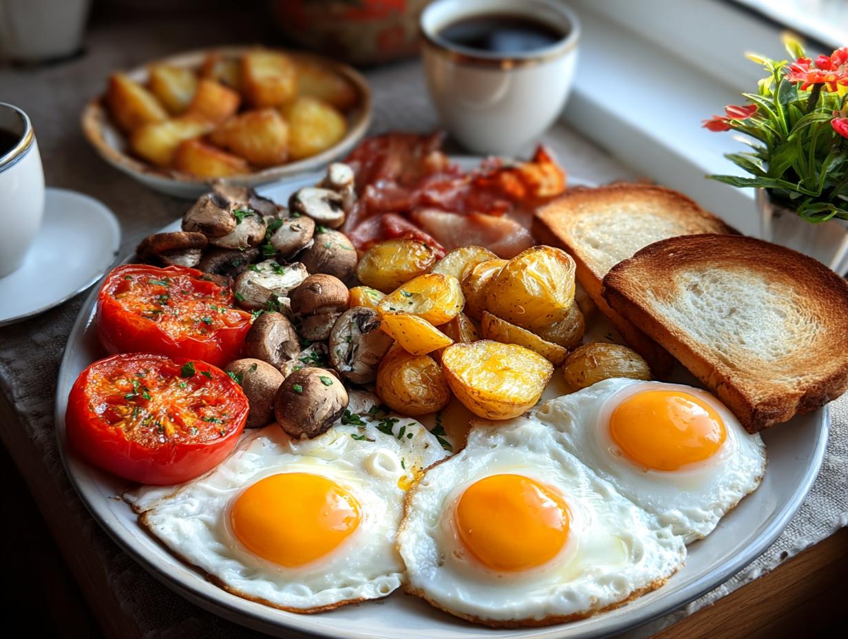 A hearty plate featuring fried eggs, roasted potatoes, grilled tomatoes, mushrooms, bacon, and toast—perfect Traditional Breakfast for the Weekend.