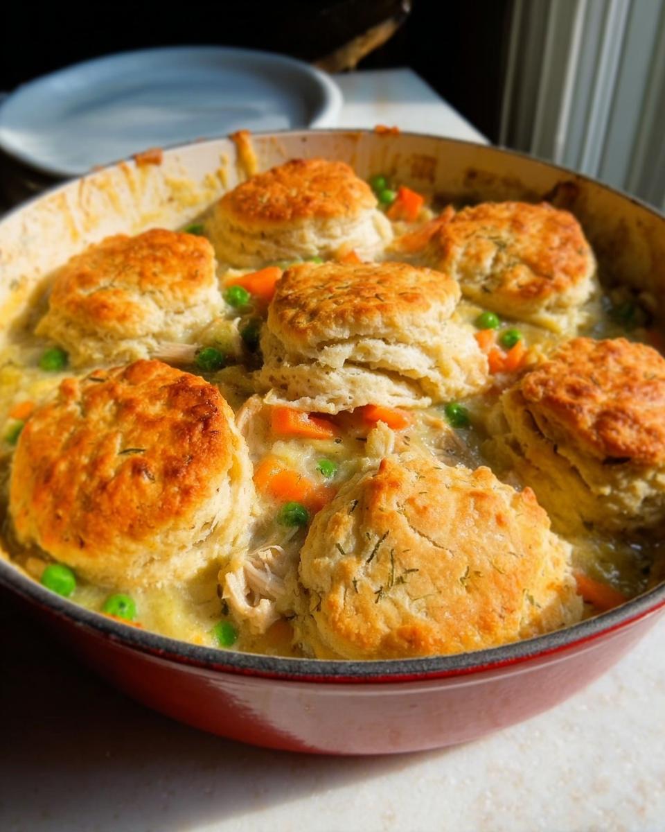 Close-up of a bubbling Turkey Biscuit Pot Pie in a red cast iron dish, topped with golden, fluffy biscuits.