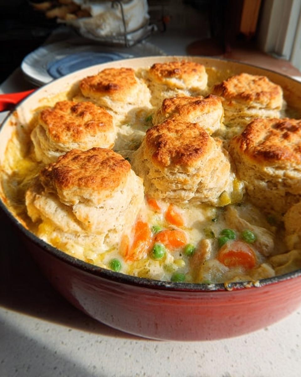 Close-up of a bubbling Turkey Biscuit Pot Pie topped with golden brown biscuits in a red cast iron dish.