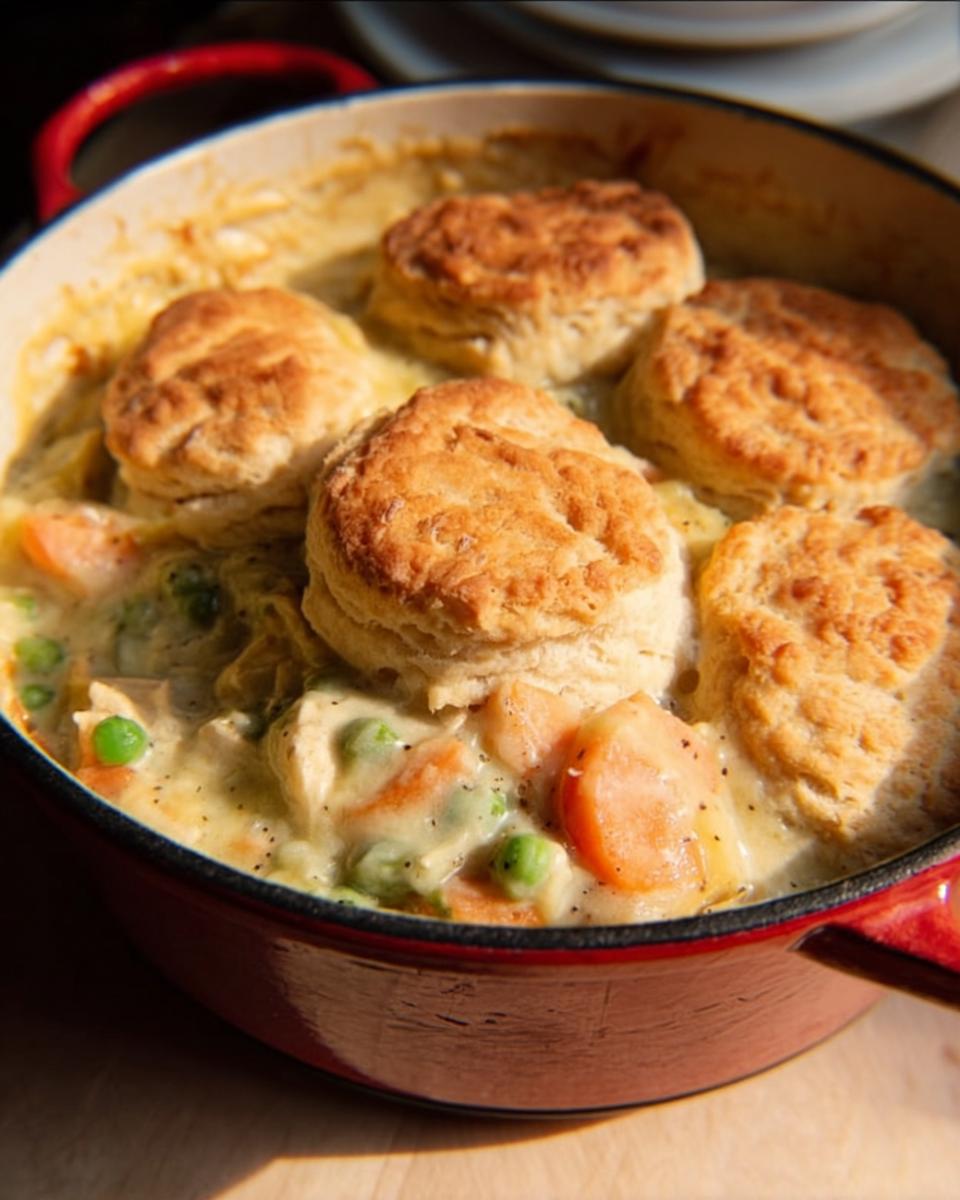 Close-up of a bubbling Turkey Biscuit Pot Pie topped with golden brown biscuits in a red enameled Dutch oven.