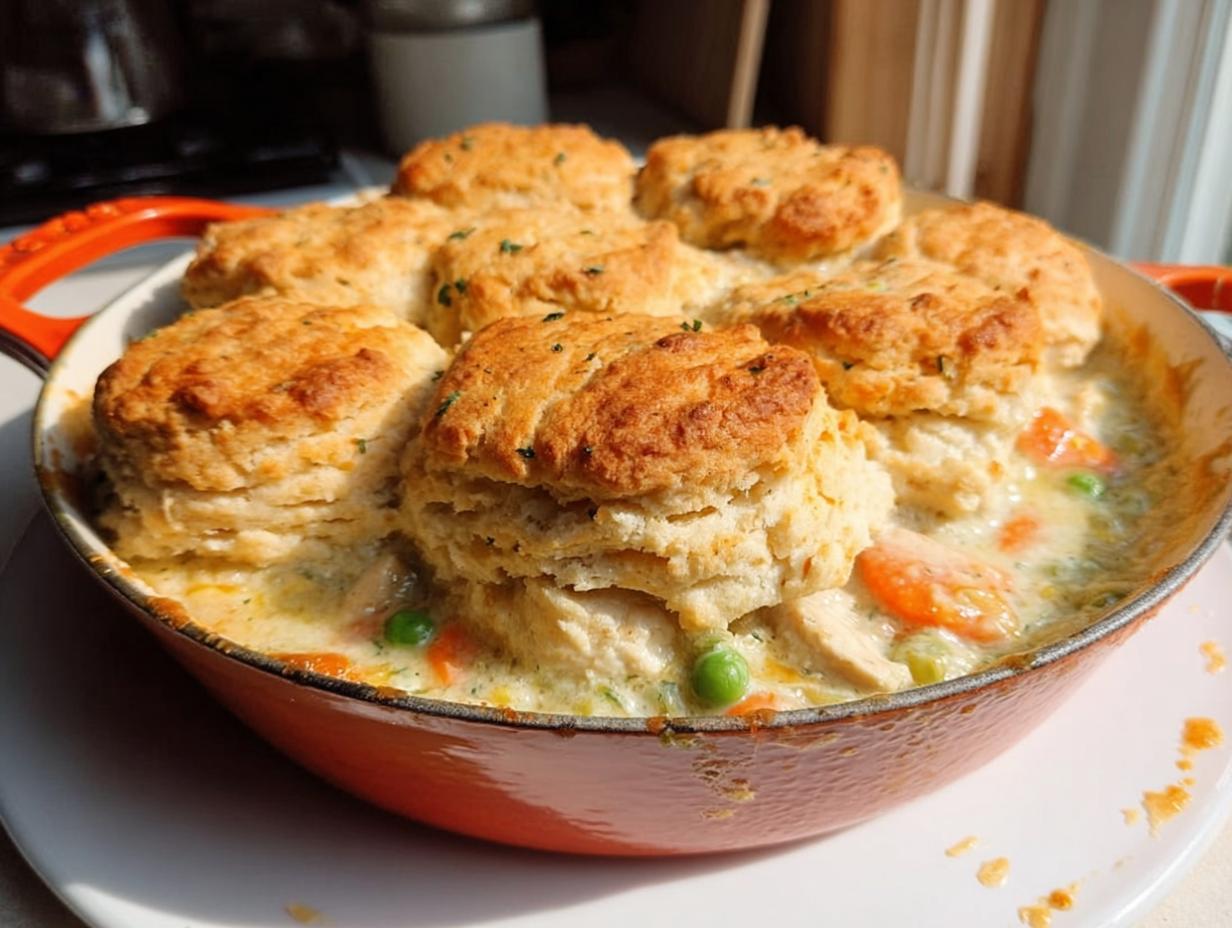 A bubbling Turkey Biscuit Pot Pie topped with golden brown, fluffy biscuits in an orange cast iron skillet.