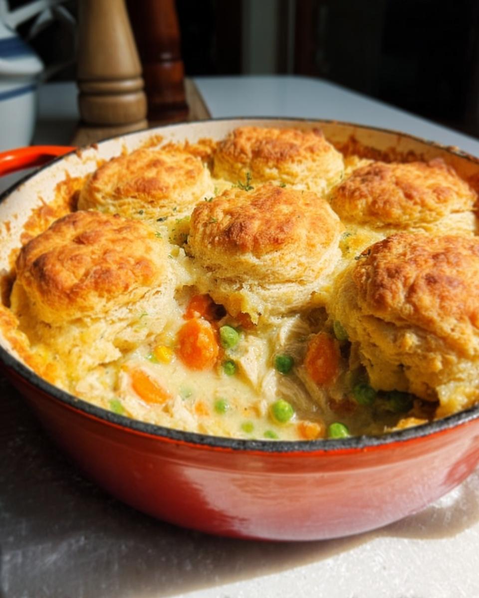 Close-up of a bubbling Turkey Biscuit Pot Pie topped with golden, fluffy biscuits in a red cast iron skillet.