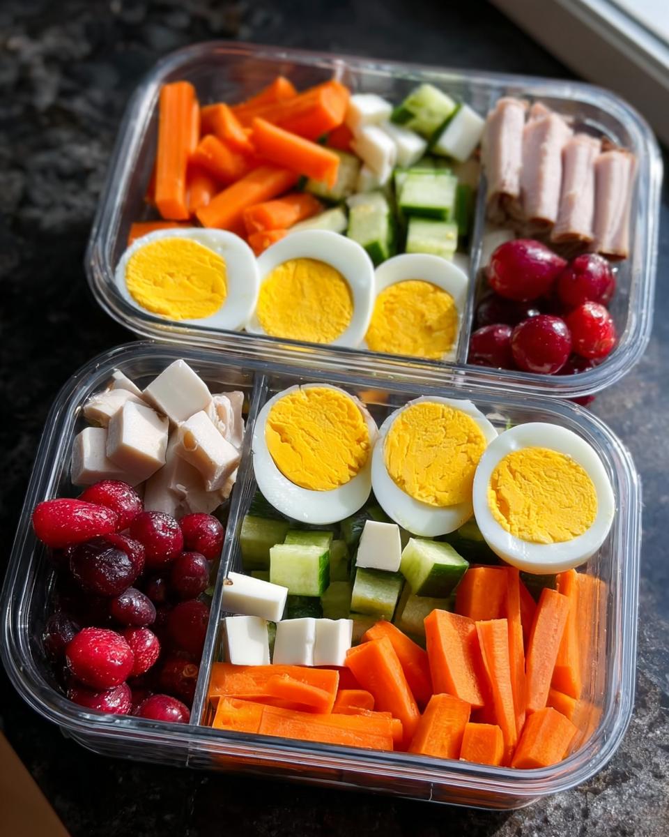 Two clear containers showing balanced Meal Prep Snack Boxes with hard-boiled eggs, carrots, cucumber, cheese, and deli meat.
