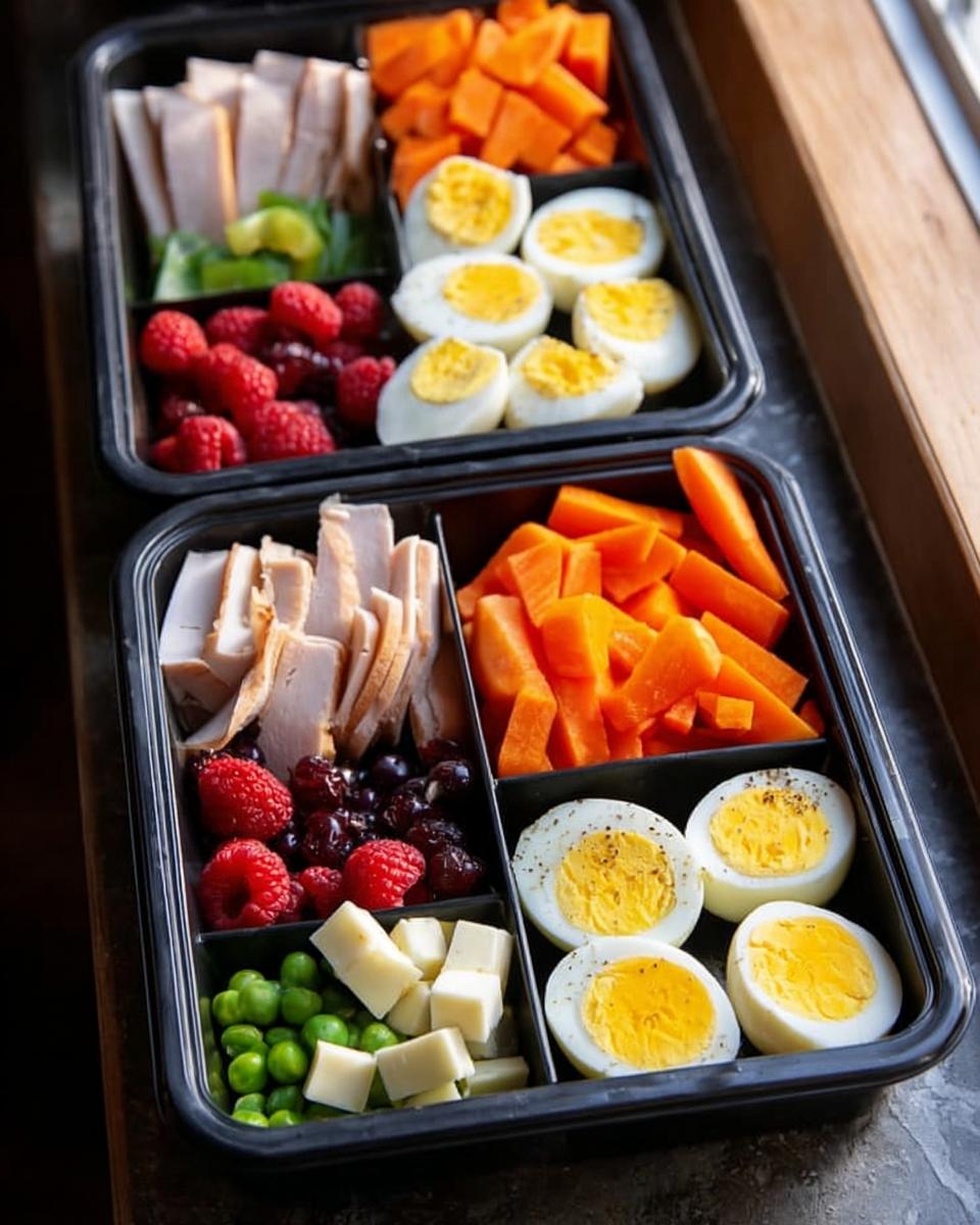 Two black compartmentalized containers filled with healthy Meal Prep Snack Boxes including sliced turkey, hard-boiled eggs, carrots, raspberries, and cheese.