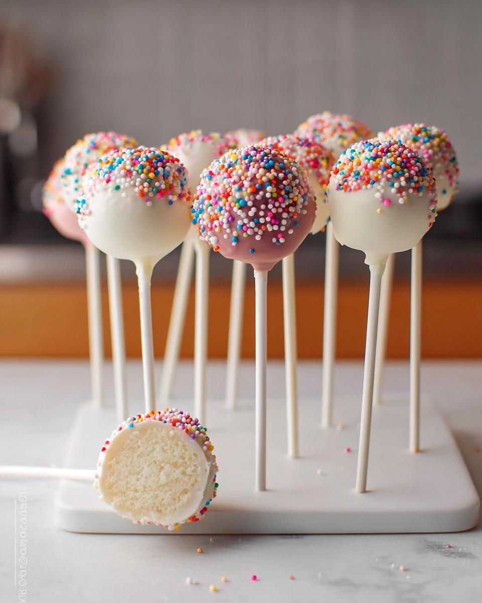 A display of vanilla Birthday Cake Pops dipped in white chocolate and covered in rainbow sprinkles, with one cut open.