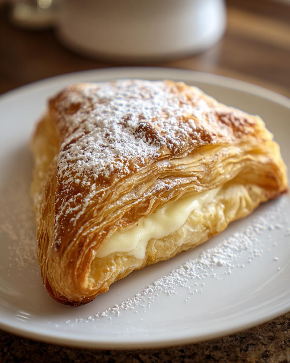 A flaky, golden-brown Vanilla Pastry for Special Breakfasts filled with cream and dusted with powdered sugar.
