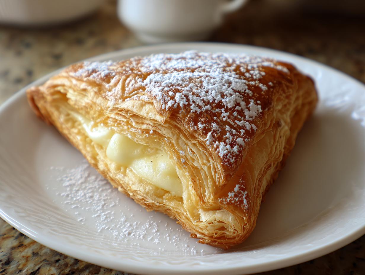 Close-up of a flaky, golden brown Vanilla Pastry for Special Breakfasts filled with cream and dusted with powdered sugar.
