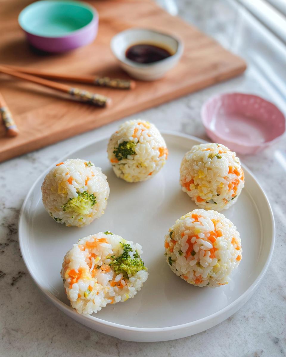 Five colorful vegetable rice ball sushi balls served on a white plate, perfect for a Rice Ball Sushi Lunch.
