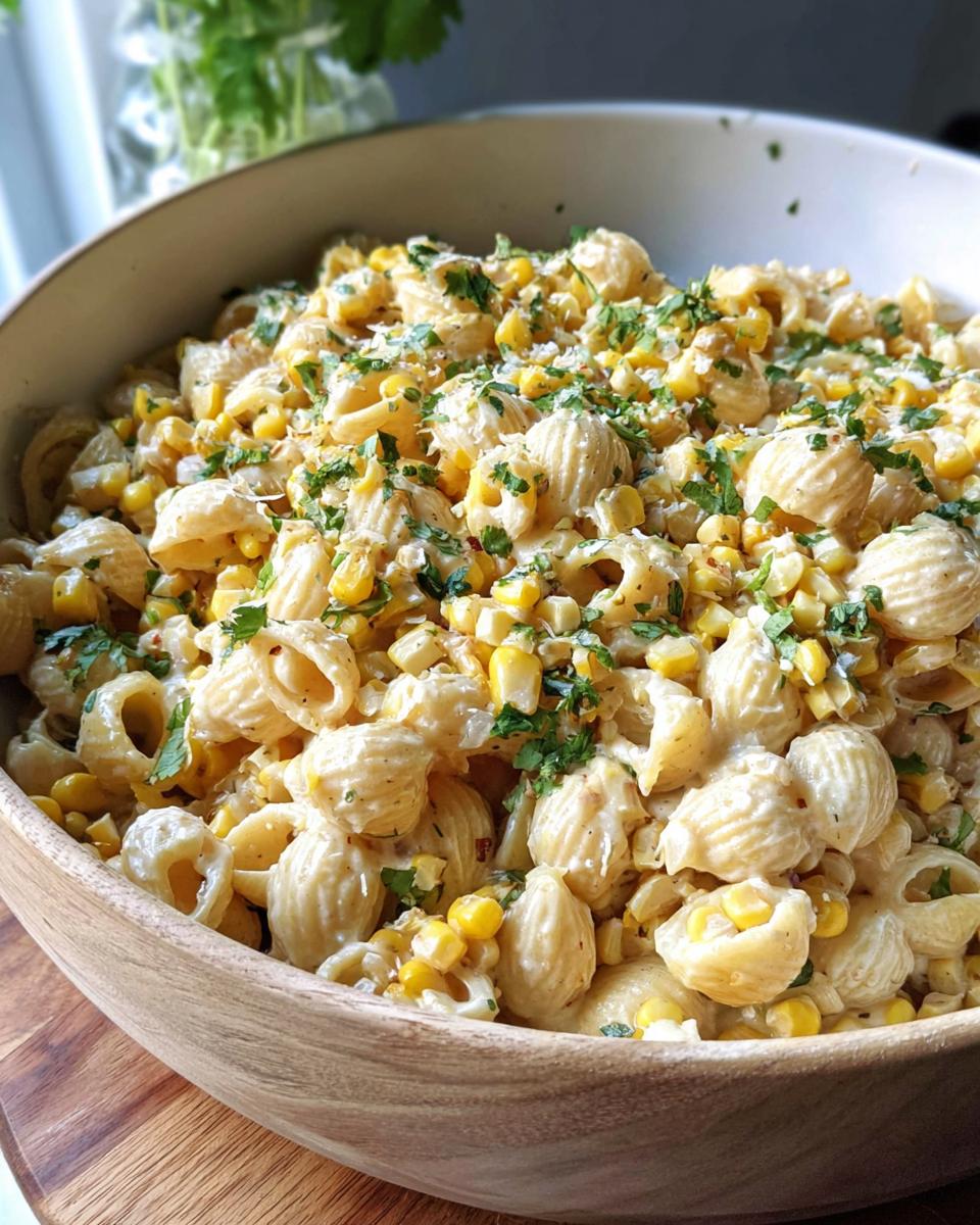 Close-up of a wooden bowl filled with creamy Vegetarian Street Corn Pasta Salad, featuring shell pasta and bright yellow corn kernels.