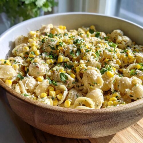 A wooden bowl filled with creamy Vegetarian Street Corn Pasta Salad, featuring shell pasta, corn kernels, and fresh parsley.