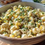 A close-up of a creamy Vegetarian Street Corn Pasta Salad mixed with corn kernels and topped with fresh parsley in a wooden serving bowl.