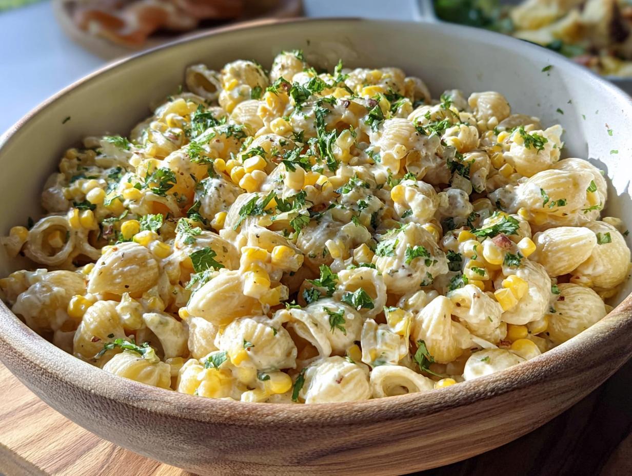 A close-up of a creamy Vegetarian Street Corn Pasta Salad mixed with corn kernels and topped with fresh parsley in a wooden serving bowl.