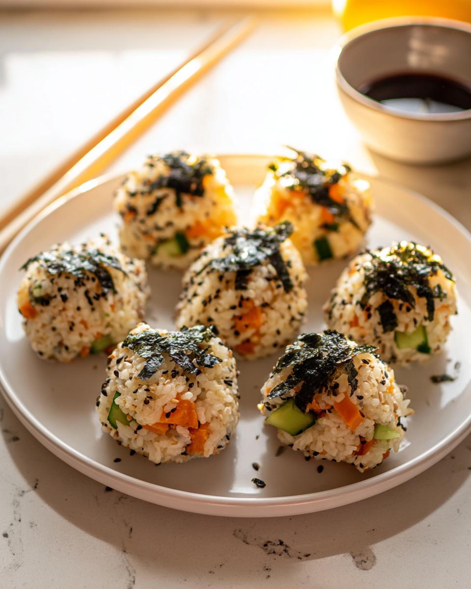 Seven perfectly formed Vegetarian Sushi Balls served on a white plate, topped with shredded nori and sesame seeds.