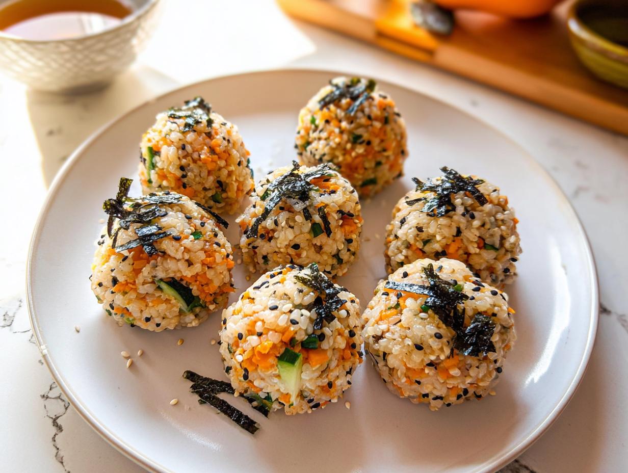 A plate holding seven perfectly formed Vegetarian Sushi Balls mixed with carrots, cucumber, sesame seeds, and topped with shredded nori.