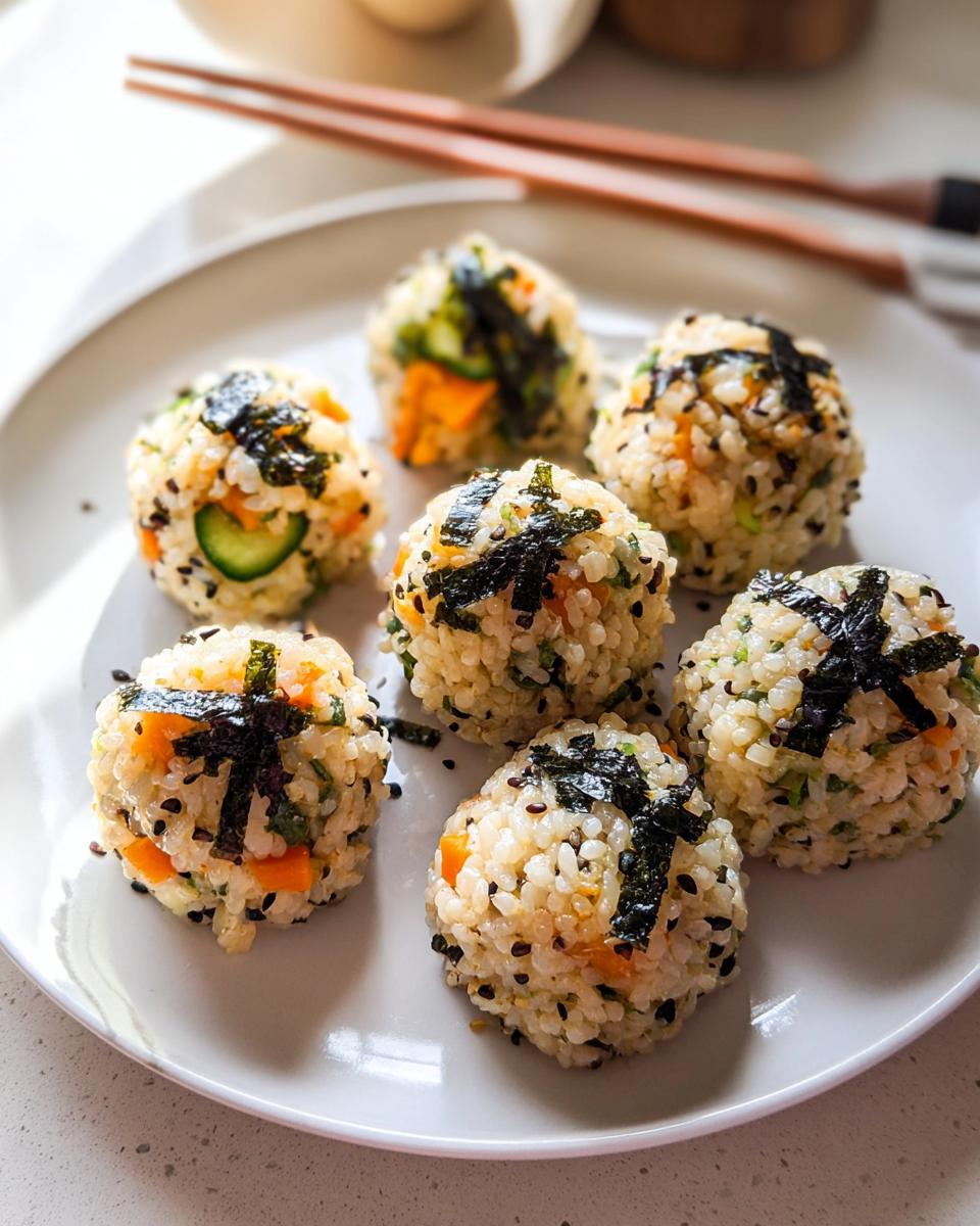 Six perfectly formed Vegetarian Sushi Balls mixed with vegetables and topped with strips of nori seaweed.