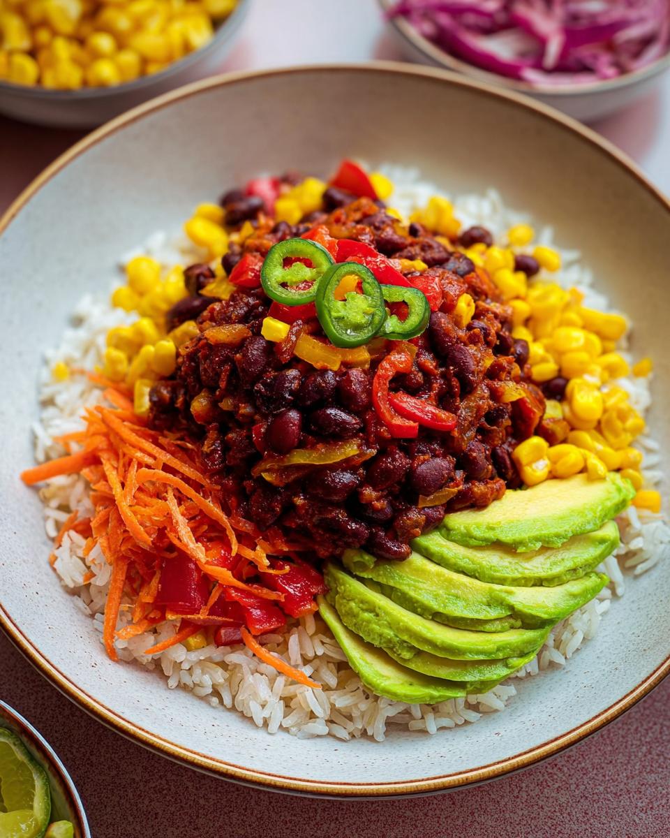 A vibrant Vegetarian Taco Rice Bowl featuring white rice topped with black bean chili, corn, shredded carrots, sliced avocado, and jalapeños.