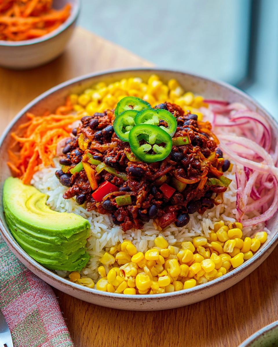 Close-up of a colorful Vegetarian Taco Rice Bowl featuring rice, black bean chili, corn, avocado, and jalapeños.