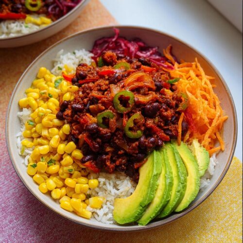 A colorful Vegetarian Taco Rice Bowl featuring black bean chili, corn, shredded carrots, avocado slices, and jalapeños over white rice.