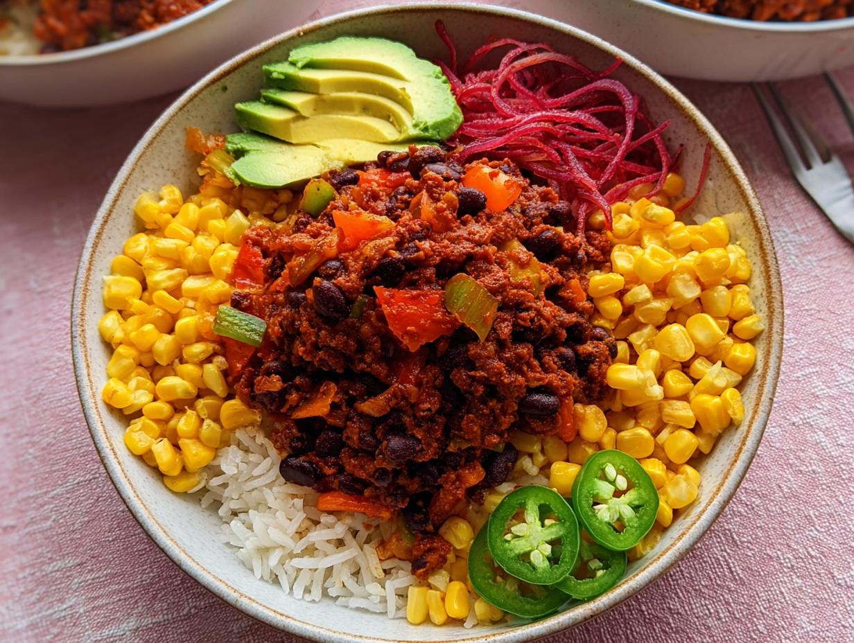 Overhead view of a colorful Vegetarian Taco Rice Bowl featuring black bean chili, corn, rice, avocado, and jalapeños.