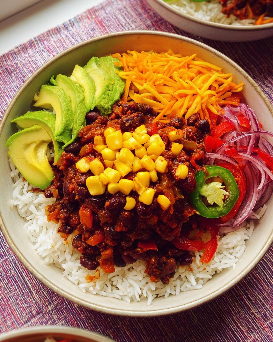 A vibrant Vegetarian Taco Rice Bowl featuring white rice topped with black bean chili, corn, avocado slices, shredded cheese, and red onion.