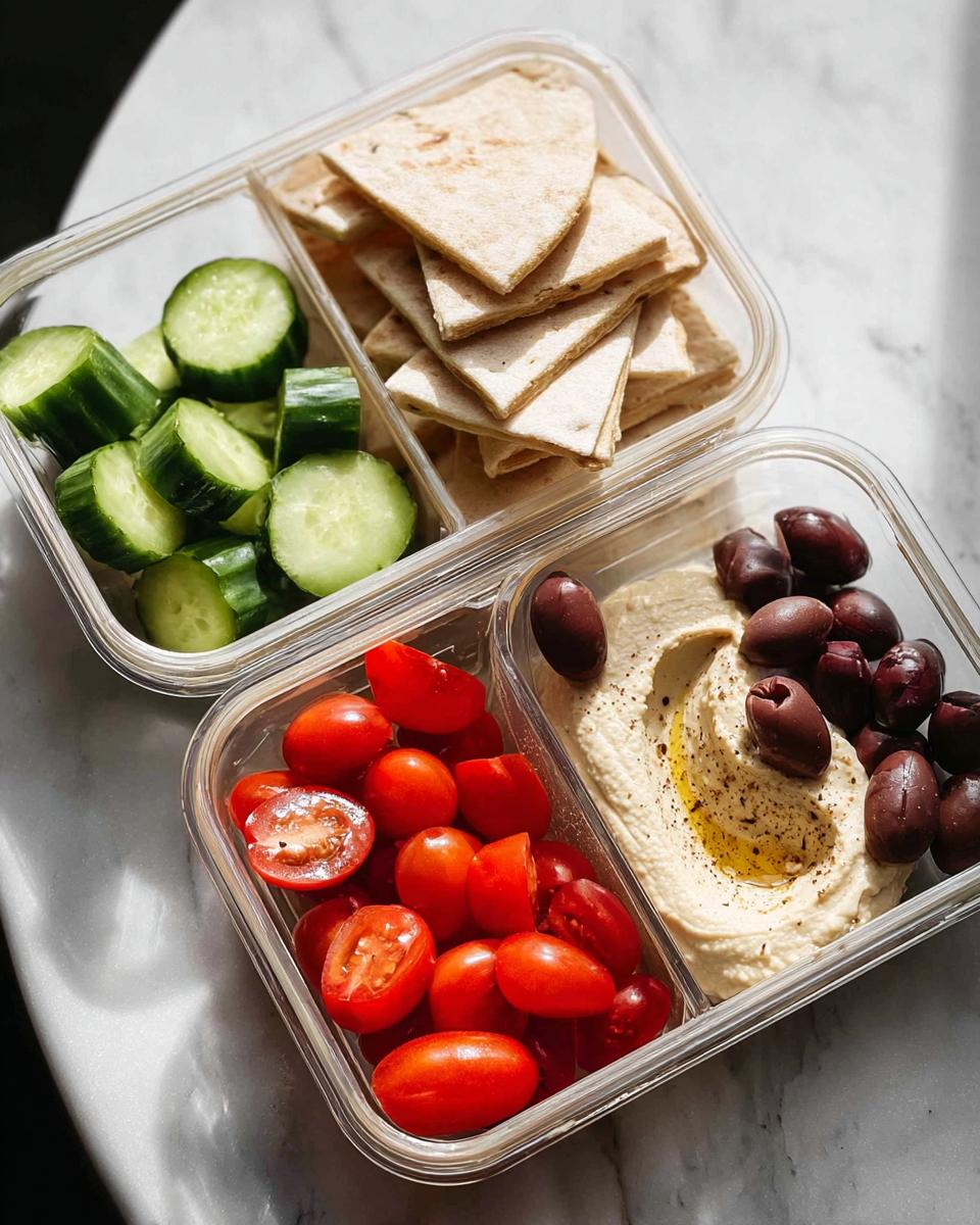 Two clear containers showing components for a Veggie & Hummus Lunch Box: pita bread, cucumbers, tomatoes, hummus, and olives.