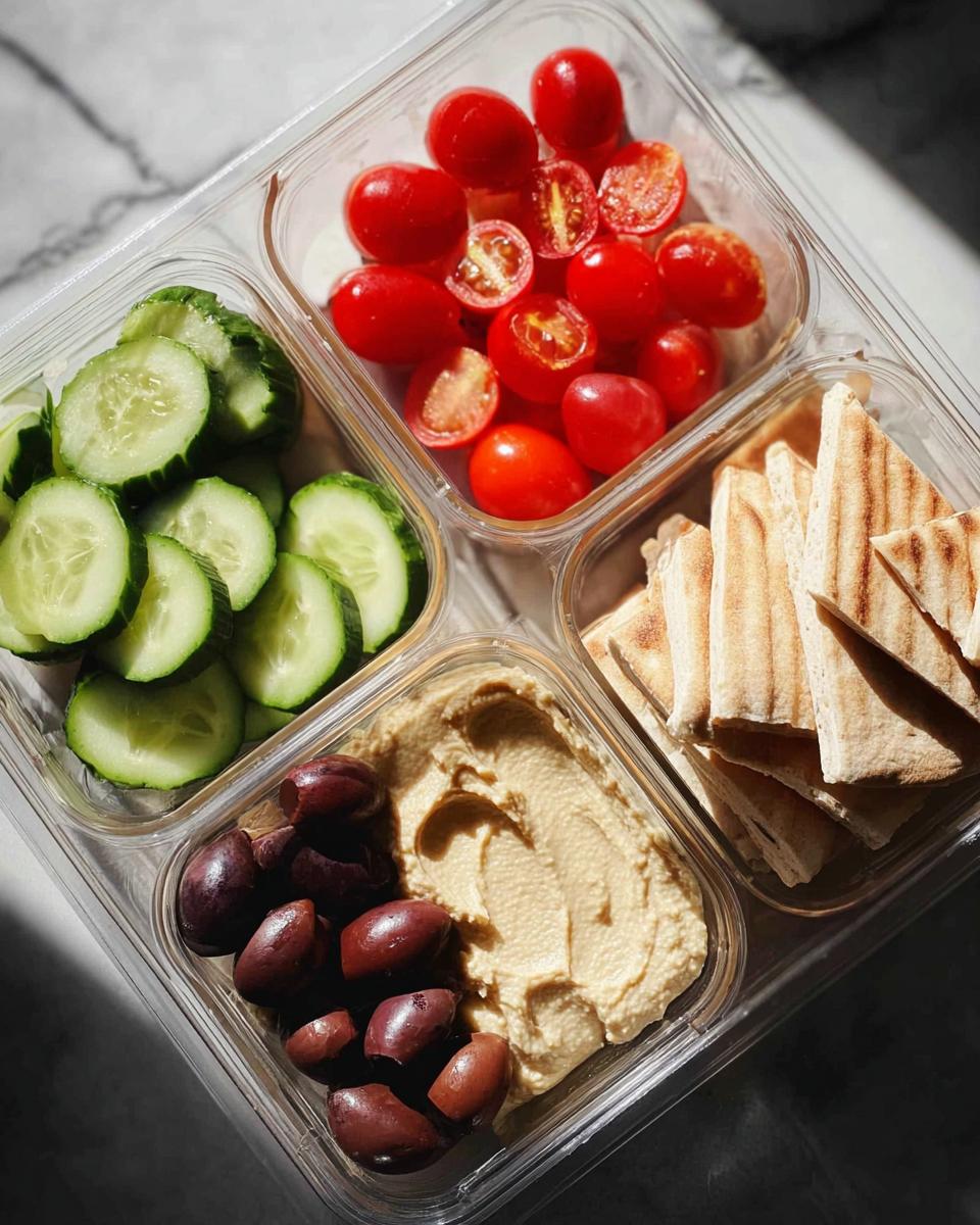Overhead view of a clear container holding components for a Veggie & Hummus Lunch Box: sliced cucumbers, cherry tomatoes, hummus with olives, and pita bread triangles.