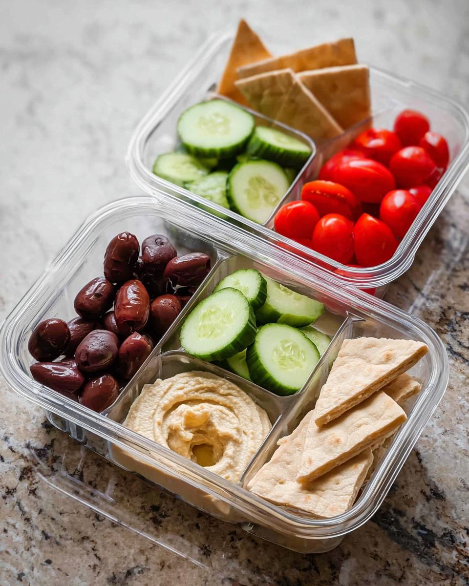 Two clear containers showing components for a Veggie & Hummus Lunch Box: hummus, pita bread, cucumbers, olives, and cherry tomatoes.