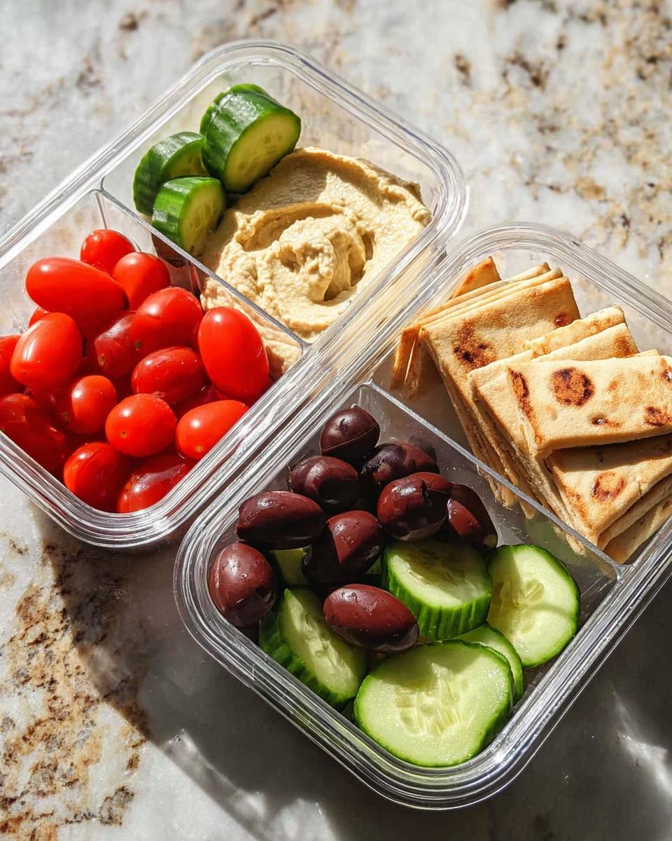 Overhead view of a prepared Veggie & Hummus Lunch Box with cherry tomatoes, pita bread, olives, and cucumber slices.