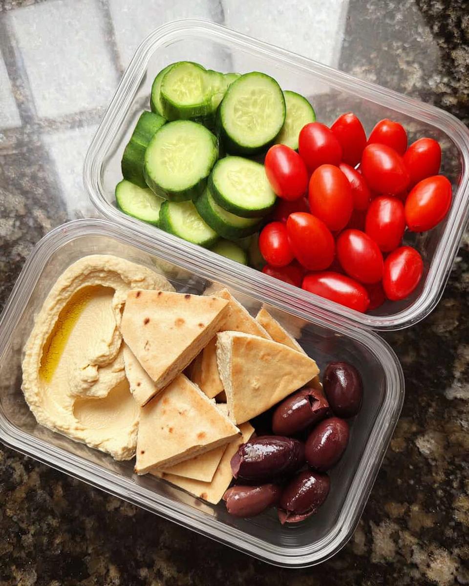 Two clear containers showing components for a Veggie & Hummus Lunch Box: cucumbers, tomatoes, hummus, pita bread triangles, and olives.