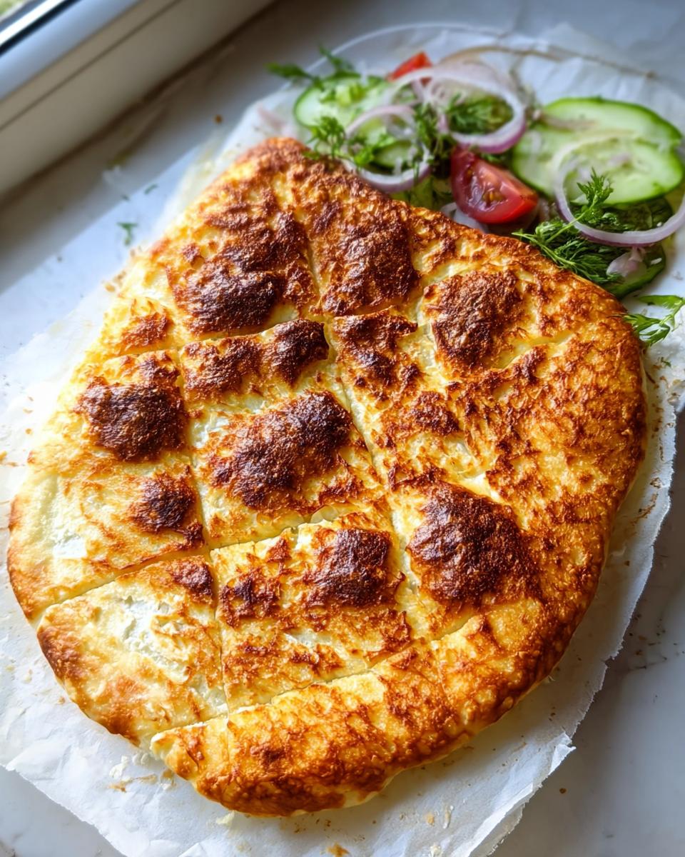 A golden-brown Viral Cottage Cheese Flatbread scored into squares, served with a side salad.