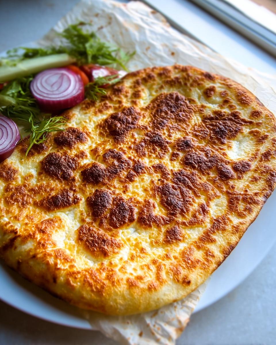 Close-up of a golden-brown Viral Cottage Cheese Flatbread with a beautifully blistered and cheesy top, served with sliced red onion and greens.