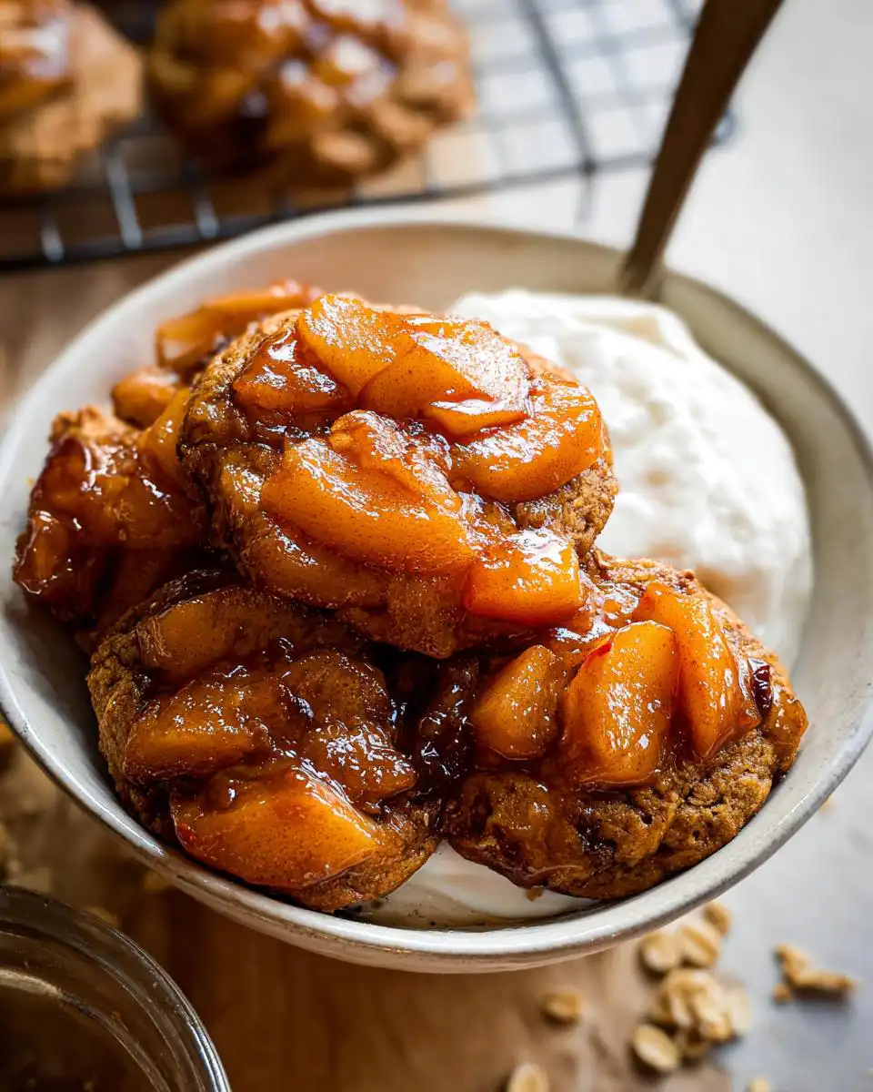 Close-up of warm apple breakfast cakes topped with caramelized apples and served with a dollop of cream.
