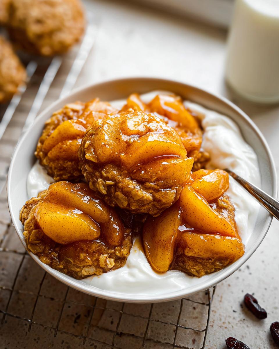 Close-up of a Warm Apple Breakfast featuring oat cakes topped with cinnamon-spiced apples and served over yogurt.
