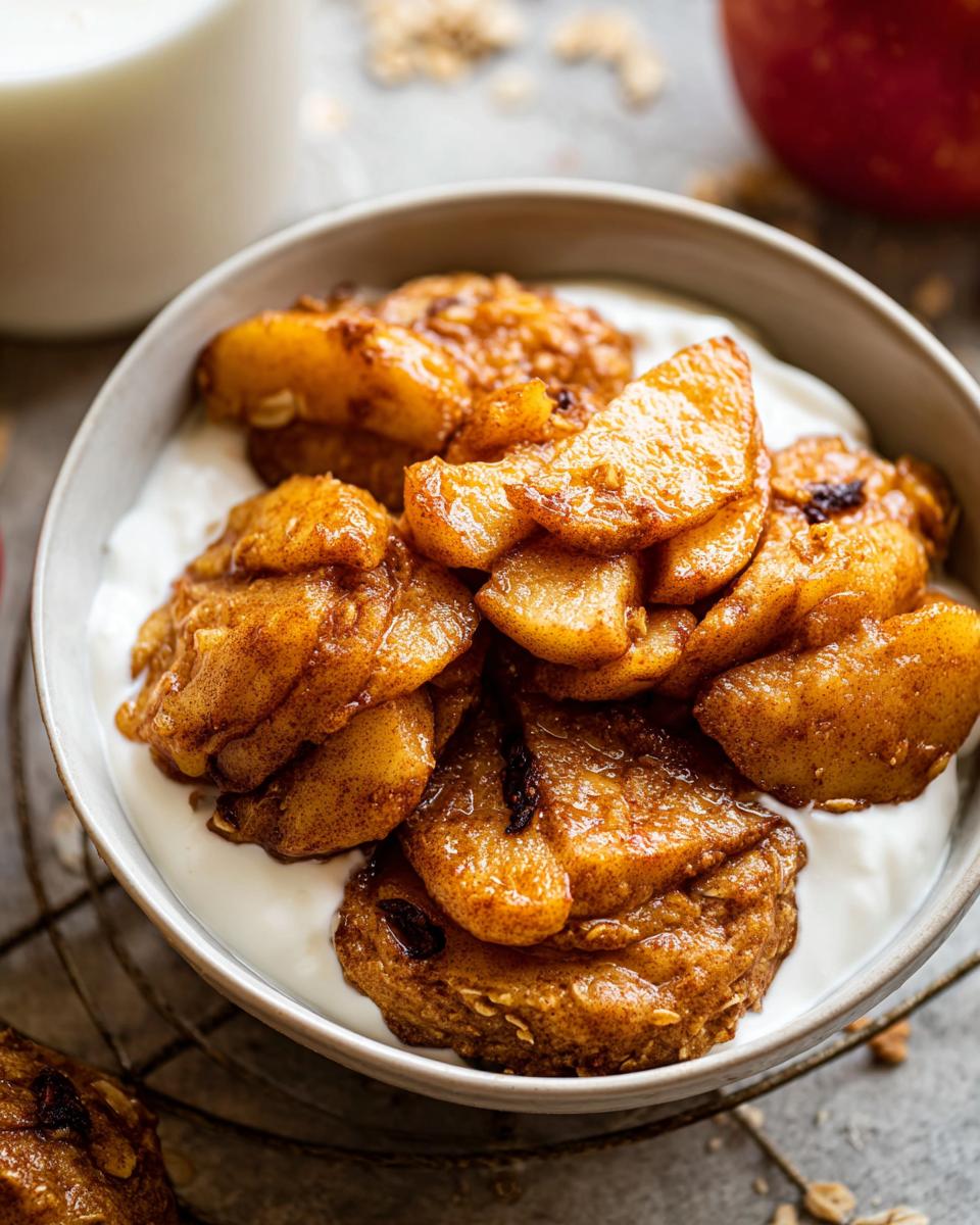 Close-up of warm apple breakfast topping creamy yogurt in a bowl, perfect for cozy mornings.