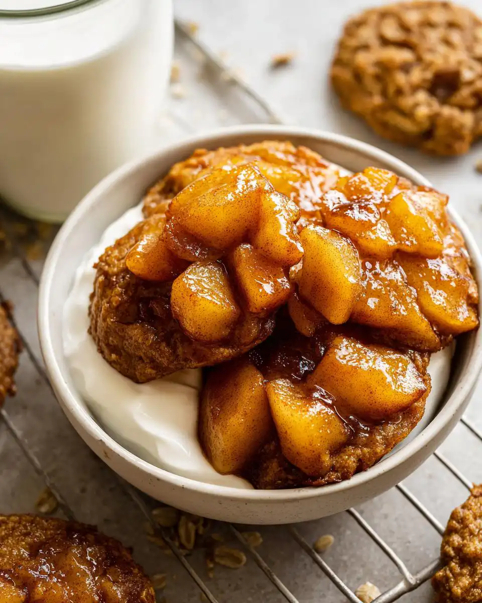 Close-up of a warm apple breakfast topped with cinnamon apples and yogurt in a bowl.