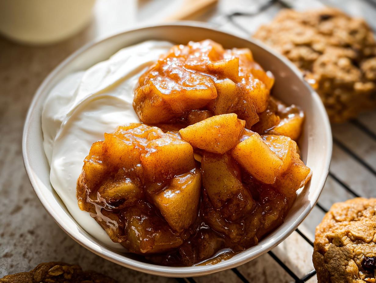Close-up of a bowl containing creamy yogurt topped with warm apple chunks cooked in cinnamon sugar for a Warm Apple Breakfast.