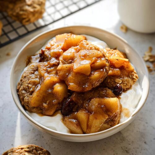 A bowl featuring oat cookies topped with caramelized, spiced apples over yogurt, perfect for a Warm Apple Breakfast.