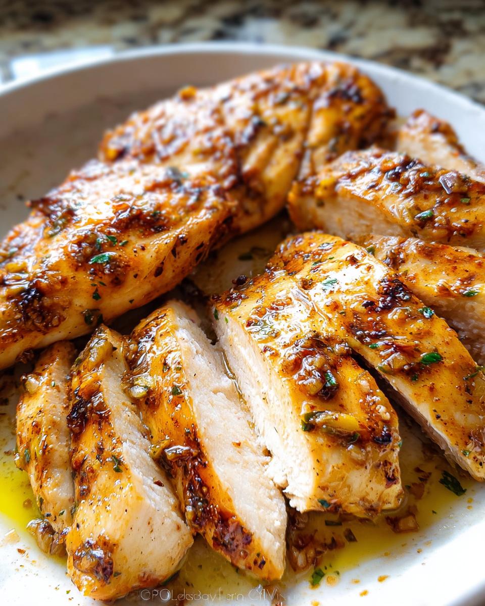 Close-up of sliced Weeknight Garlic Chicken breasts coated in a savory garlic and herb sauce, resting in pan juices.