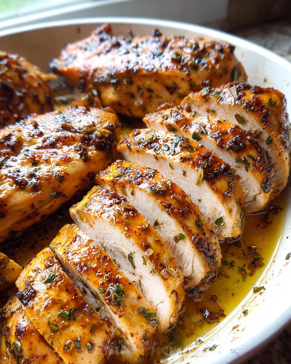Close-up of sliced Weeknight Garlic Chicken breasts glistening in a buttery garlic herb sauce.